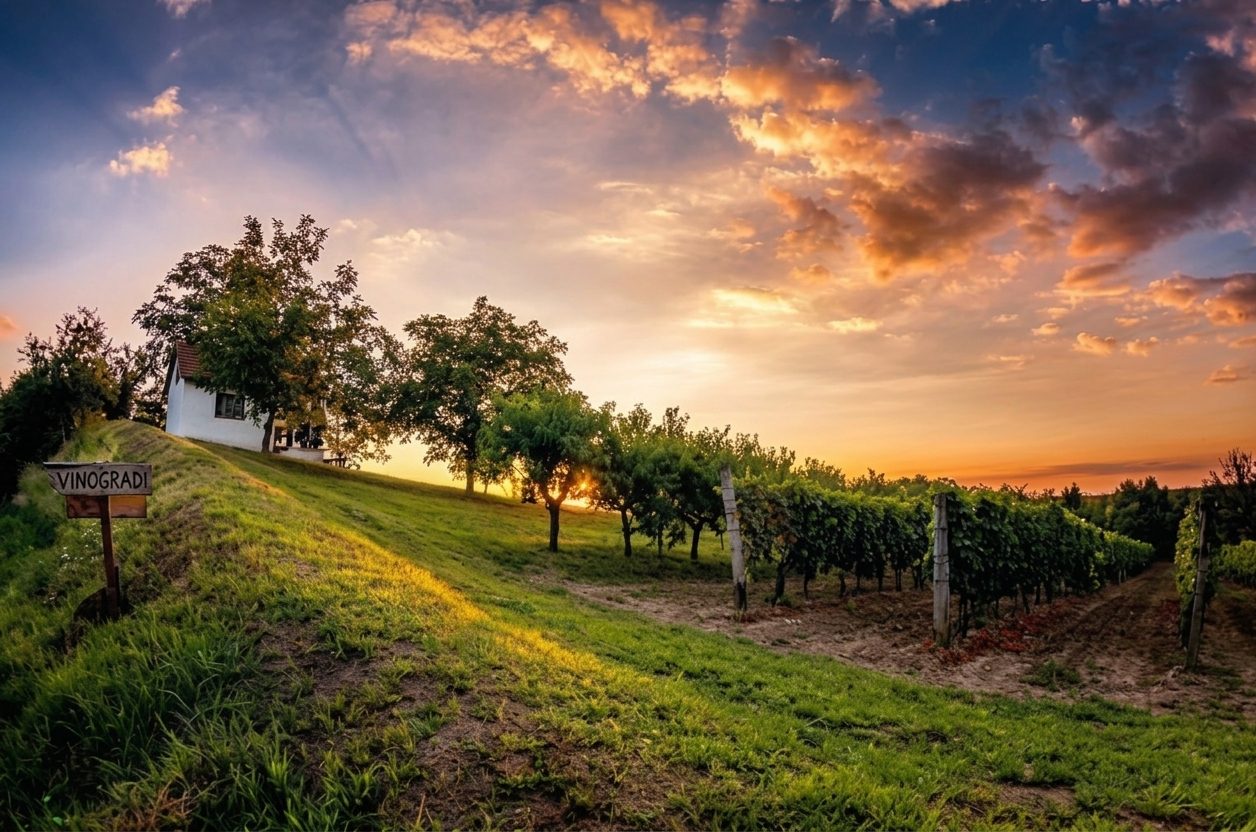 Zalazak sunca nad porodičnim vinogradom Vinea Montis u Banoštoru